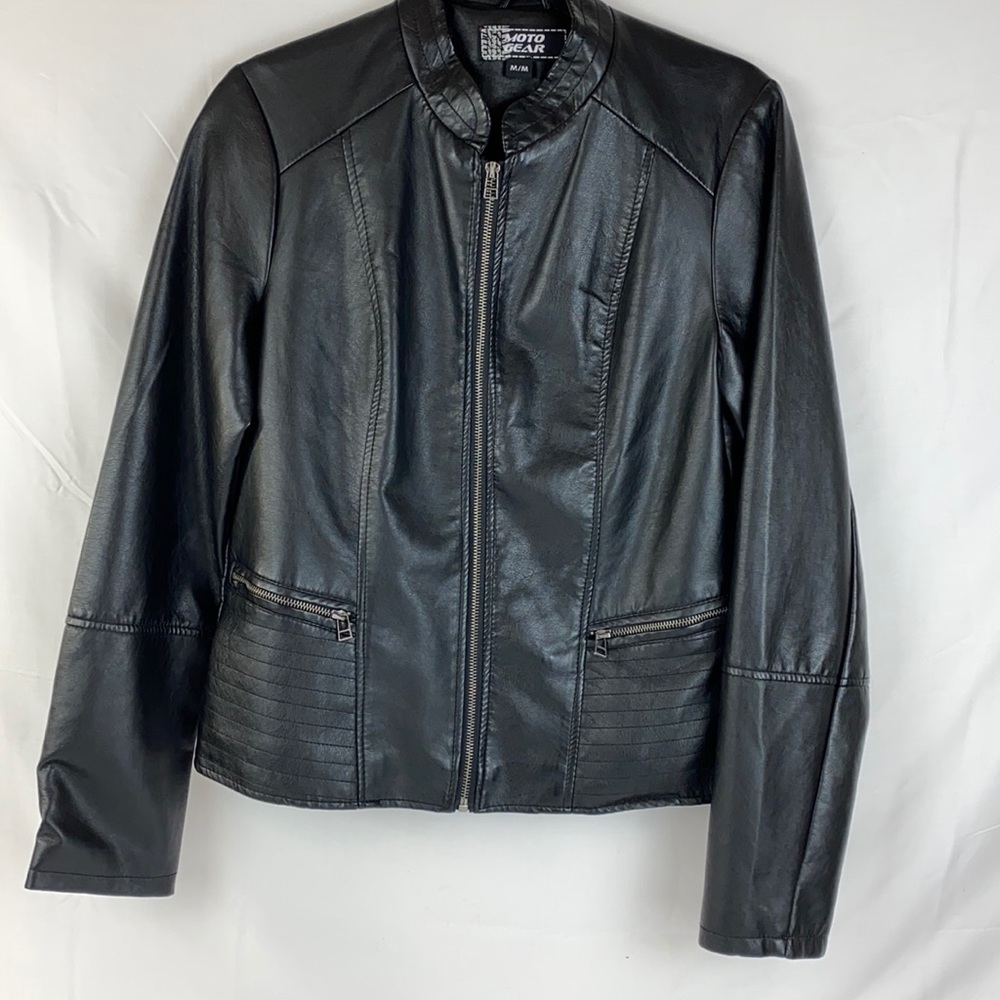 Moto Gear Faux Leather Zipper Front Black Jacket Size Medium